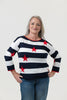 Image of Steven Guy 3/4 Sleeve Lightweight Striped Sweater with Stars - Navy/White/Red