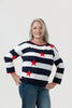 Image of Steven Guy 3/4 Sleeve Lightweight Striped Sweater with Stars - Navy/White/Red