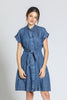 Image of APNY Apparel Short Sleeve Tie Front Lightweight Denim Dress - Light Indigo