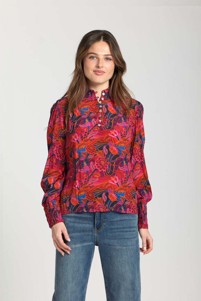 APNY Apparel Floral Print Long Sleeve Button Detail Mock Neck Top - Multicolor