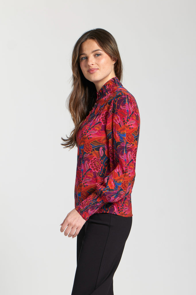 APNY Apparel Floral Print Long Sleeve Button Detail Mock Neck Top - Multicolor