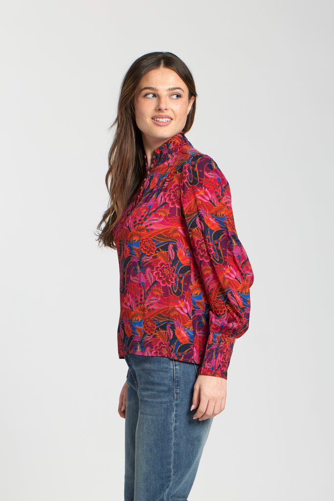 APNY Apparel Floral Print Long Sleeve Button Detail Mock Neck Top - Multicolor
