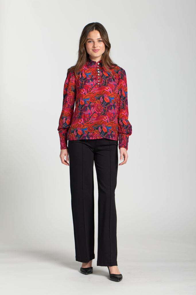 APNY Apparel Floral Print Long Sleeve Button Detail Mock Neck Top - Multicolor