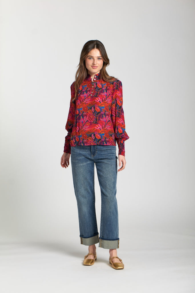 APNY Apparel Floral Print Long Sleeve Button Detail Mock Neck Top - Multicolor