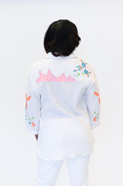 APNY Apparel Embroidered Partial Placket Popover Blouse - White/Multicolor