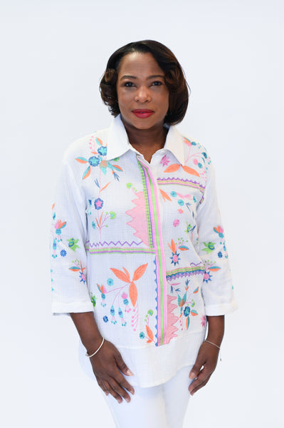 APNY Apparel Embroidered Partial Placket Popover Blouse - White/Multicolor *Take 25% Off*
