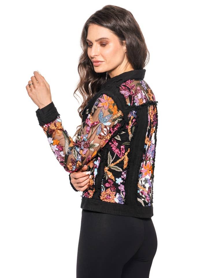 Adore Apparel Denim Jacket with Floral Sequin Embroidery - Black/Pink