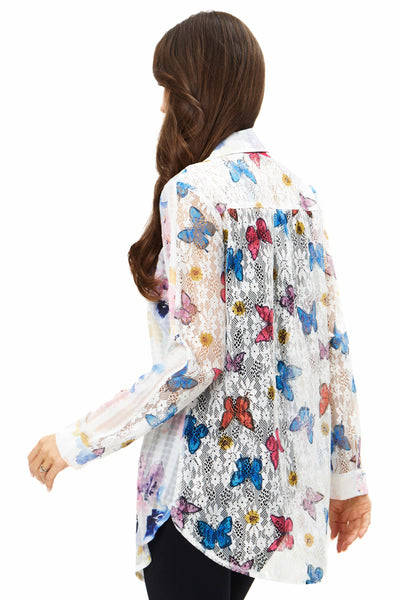 Adore Apparel Button Front Floral/Butterfly Print Blouse - White/Multicolor