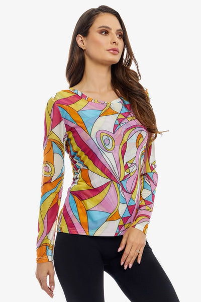 Adore Apparel Mesh Overlay Abstract Print Long Sleeve Tee - Multicolor