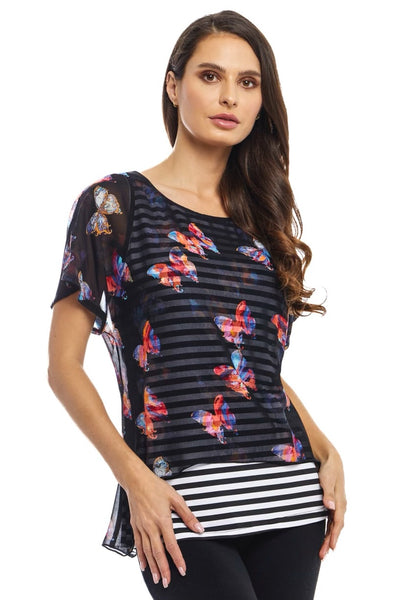 Adore Apparel Butterfly Overlay Short Sleeve Top - Black/White/Multicolor