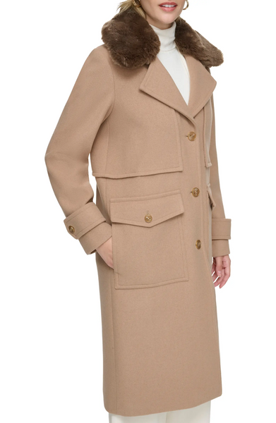 Andrew Marc Olpae Faux Fur Collar Wool Blend Coat - Camel