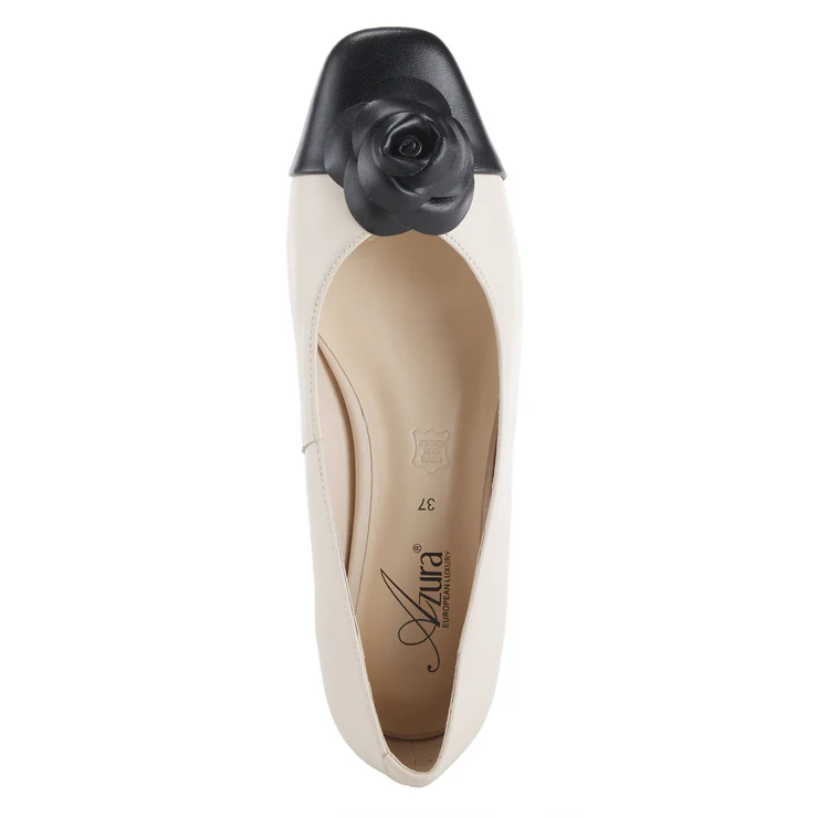 Azura Angelinite Rose Ornament Detail Low Block Heel Slip On - Bone/Black