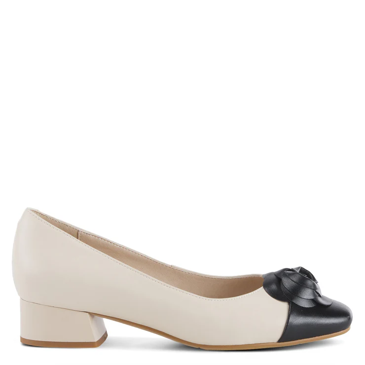 Azura Angelinite Rose Ornament Detail Low Block Heel Slip On - Bone/Black