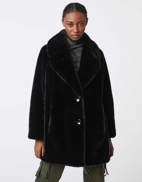 Bernardo Button Front Faux Fur Coat - Black