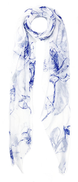 Blue Pacific Floral Sketch Artisan Print Scarf - Indigo/White