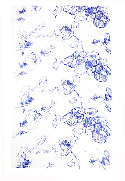 Blue Pacific Floral Sketch Artisan Print Scarf - Indigo/White