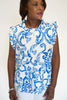 Image of Boho Chic Sleeveless Baroque Print Ruffle Trim Top - Blue/White