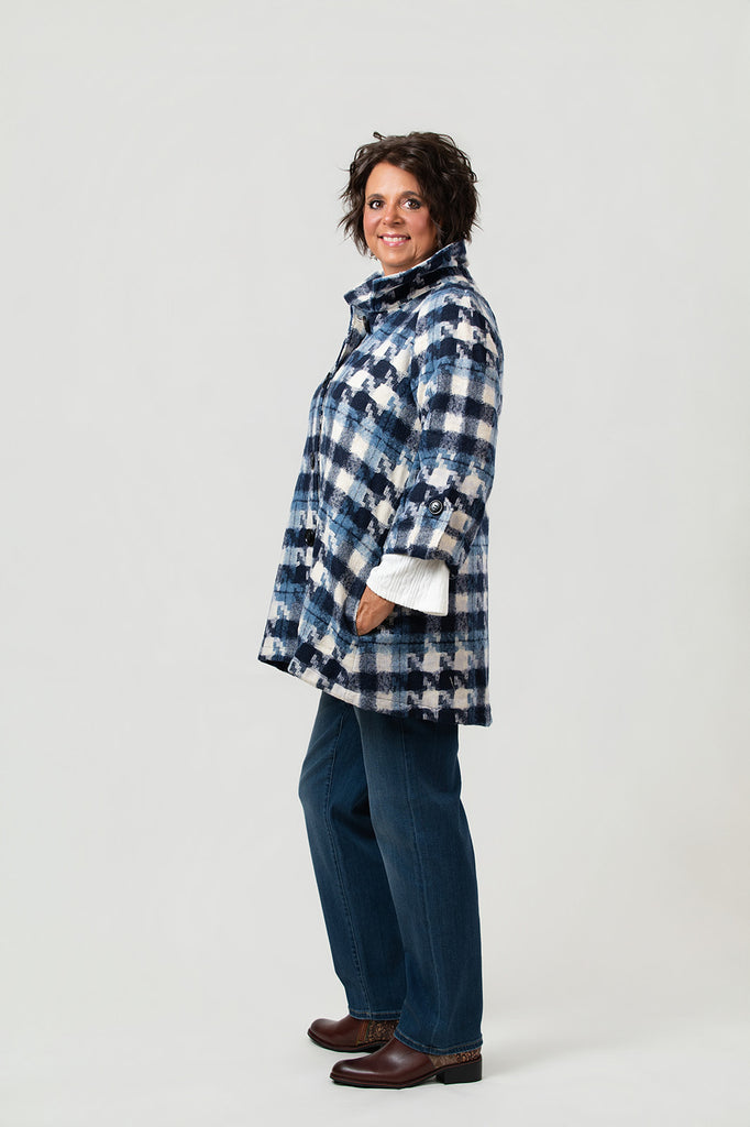 Boho Chic Houndstooth Button Front Swing Jacket - Blue/Multi