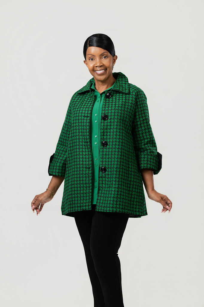 Boho Chic Houndstooth Jacquard Button Front Swing Jacket  - Green/Black