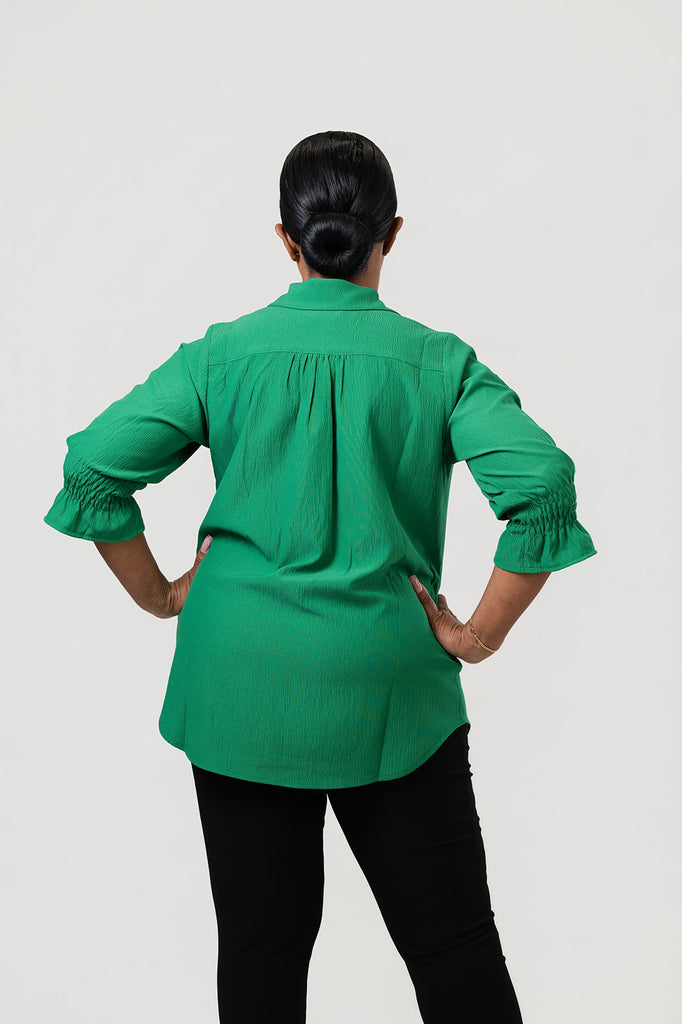 Boho Chic Smocked Cuff Blouse - Emerald