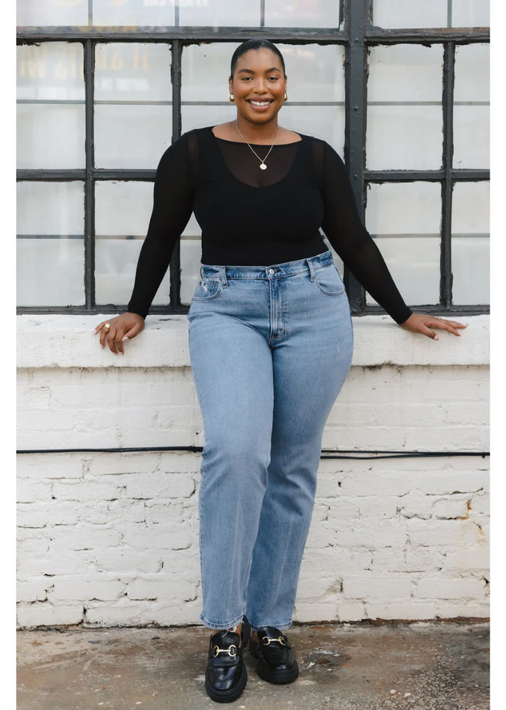 Elietian Sheer Mesh Long Sleeve Top Curvy Fit - Black