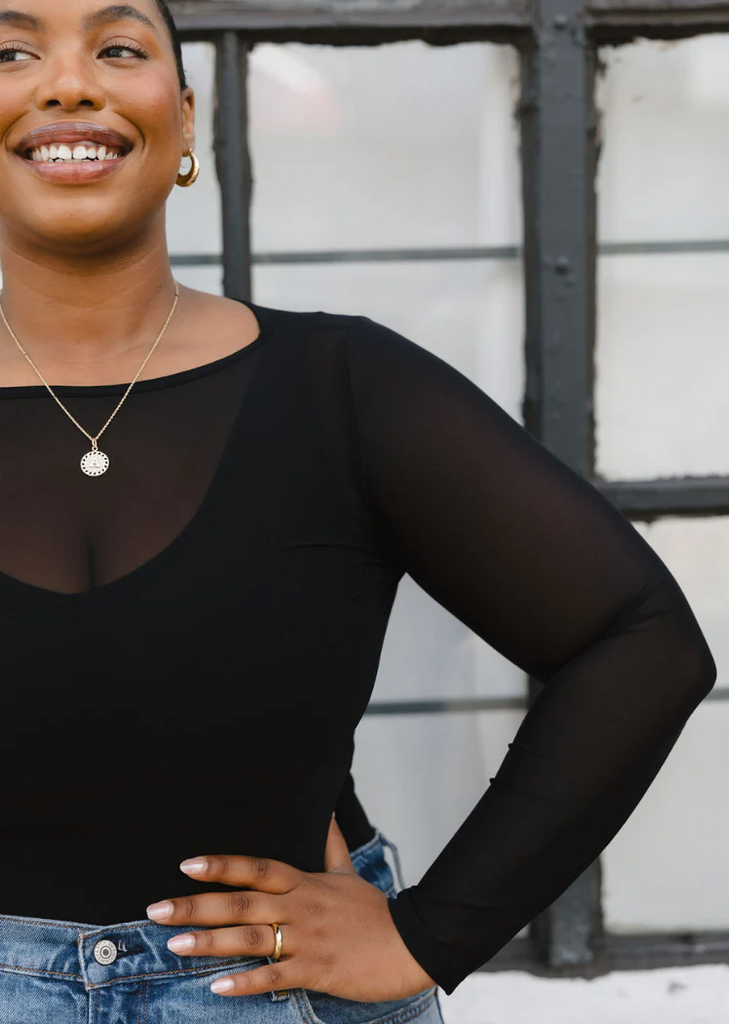 Elietian Sheer Mesh Long Sleeve Top Curvy Fit - Black