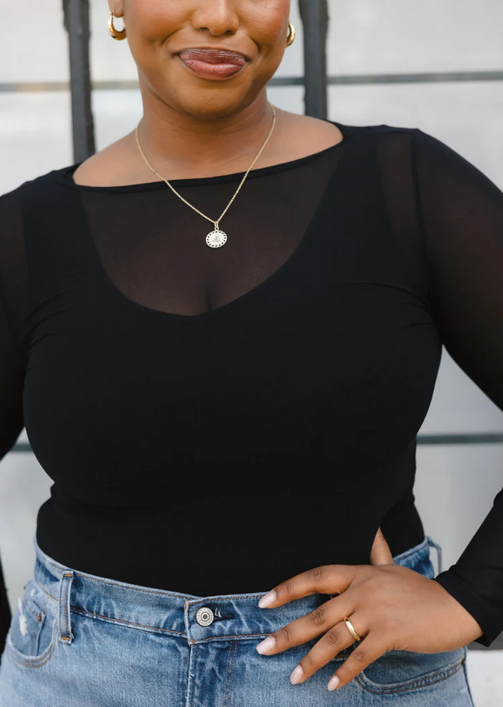 Elietian Sheer Mesh Long Sleeve Top Curvy Fit - Black