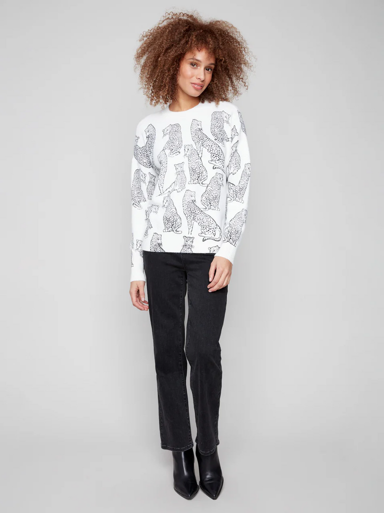 Charlie B Printed Cheetah Crew Neck Sweater - White/Black