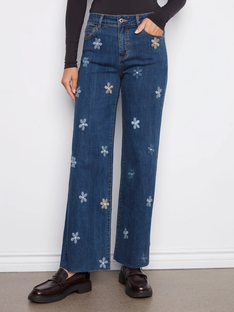 Charlie B Wide Leg Embroidered Daisy Jean - Indigo