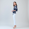 Image of Clara Sunwoo Peony Blossom Print Side Tie Blouson Top - Navy/White