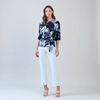 Image of Clara Sunwoo Peony Blossom Print Side Tie Blouson Top - Navy/White