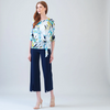 Image of Clara Sunwoo Floral Sketch Side Tie Blouson Top - White/Turquoise/Multicolor