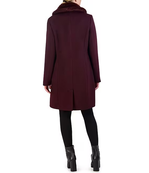 Cole Haan Faux Fur Collar Wool Blend Coat - Bordeaux