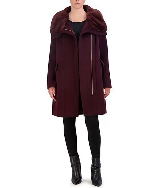 Cole Haan Faux Fur Collar Wool Blend Coat - Bordeaux
