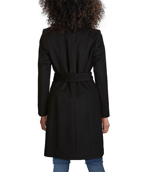 Cole Haan Wide Collar Belted Wool Blend Wrap Coat Black Rippe s