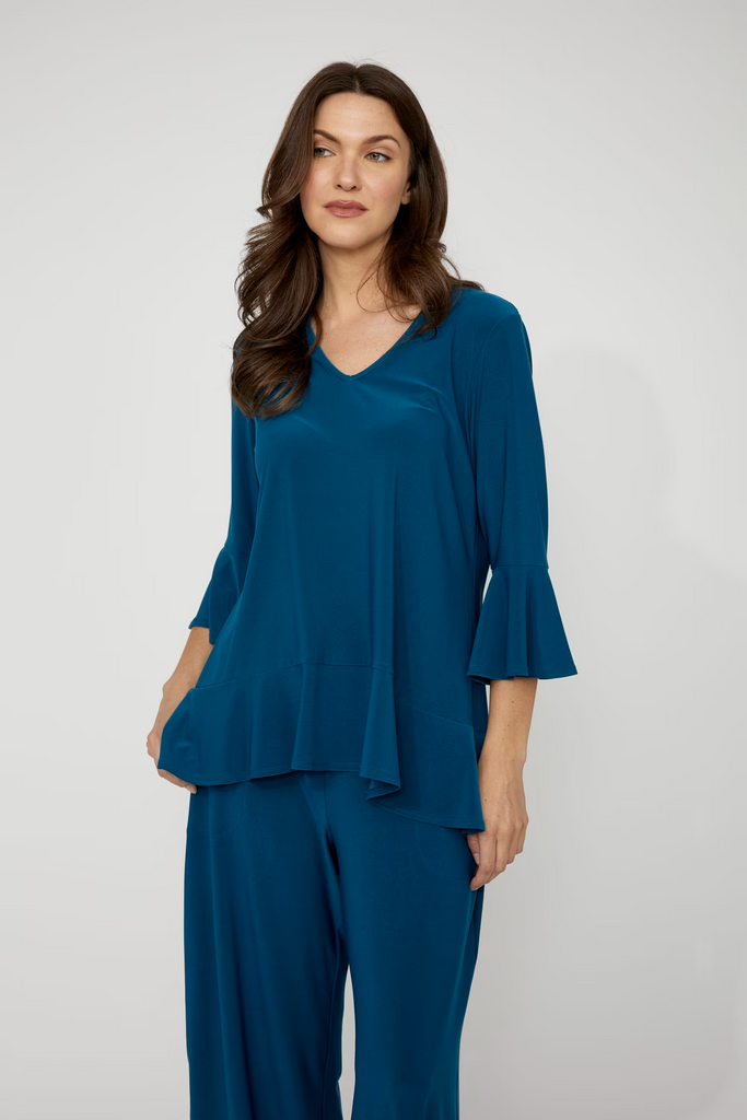 Compli K V-Neck Bell Sleeve Peplum Hem Jersey Knit Tunic - Teal