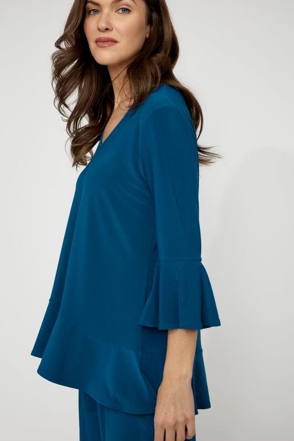 Compli K V-Neck Bell Sleeve Peplum Hem Jersey Knit Tunic - Teal