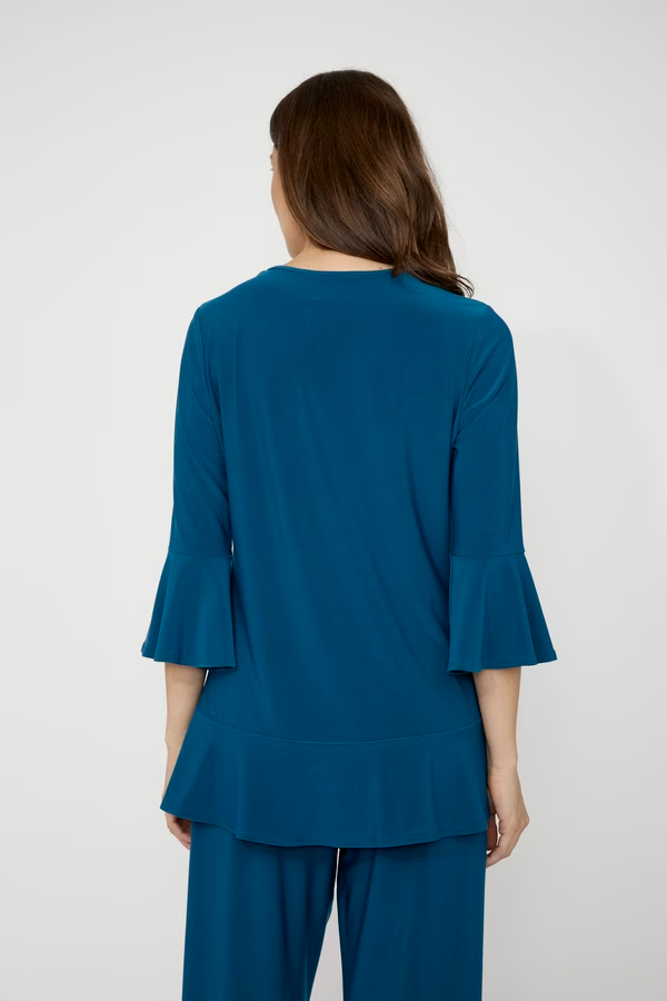 Compli K V-Neck Bell Sleeve Peplum Hem Jersey Knit Tunic - Teal