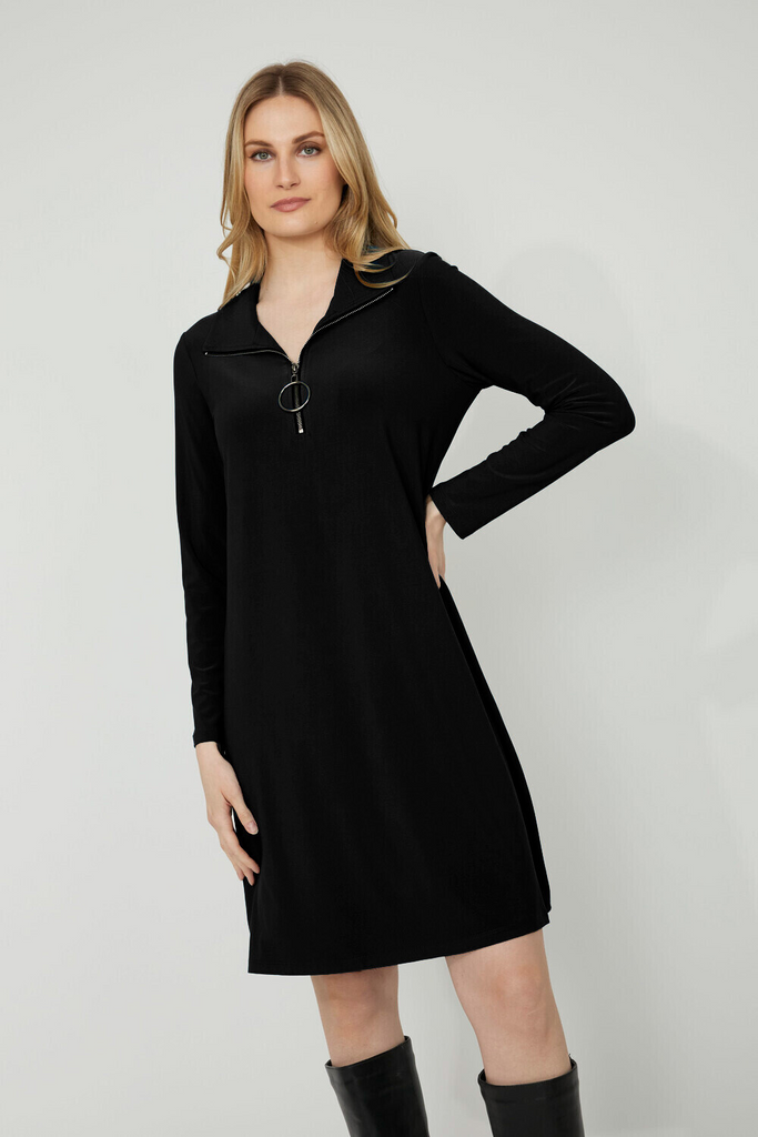 Compli K Ring Zip Long Sleeve Jersey Knit Shift Dress - Black