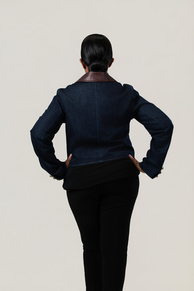 Dolce Cabo Cotton Denim Crop Jacket with Vegan Leather Trim - Denim Blue
