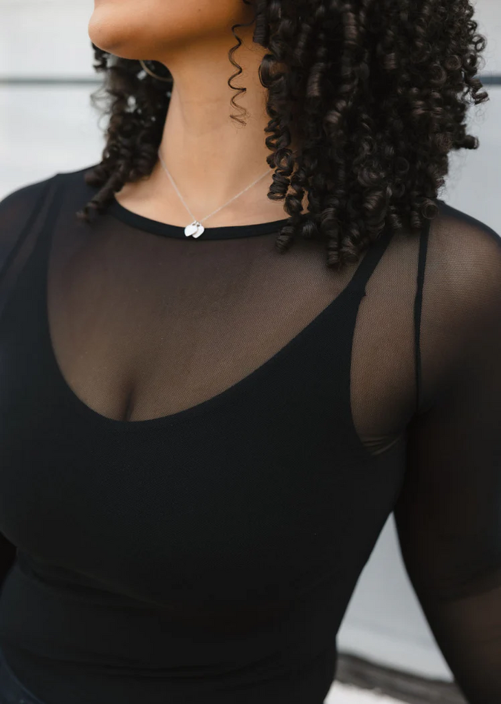 Elietian Sheer Mesh Long Sleeve Top Regular Fit - Black