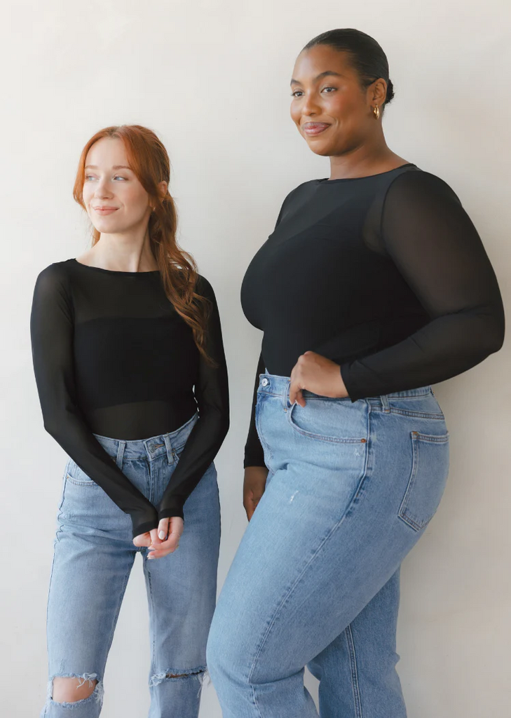 Elietian Sheer Mesh Long Sleeve Top Regular Fit - Black