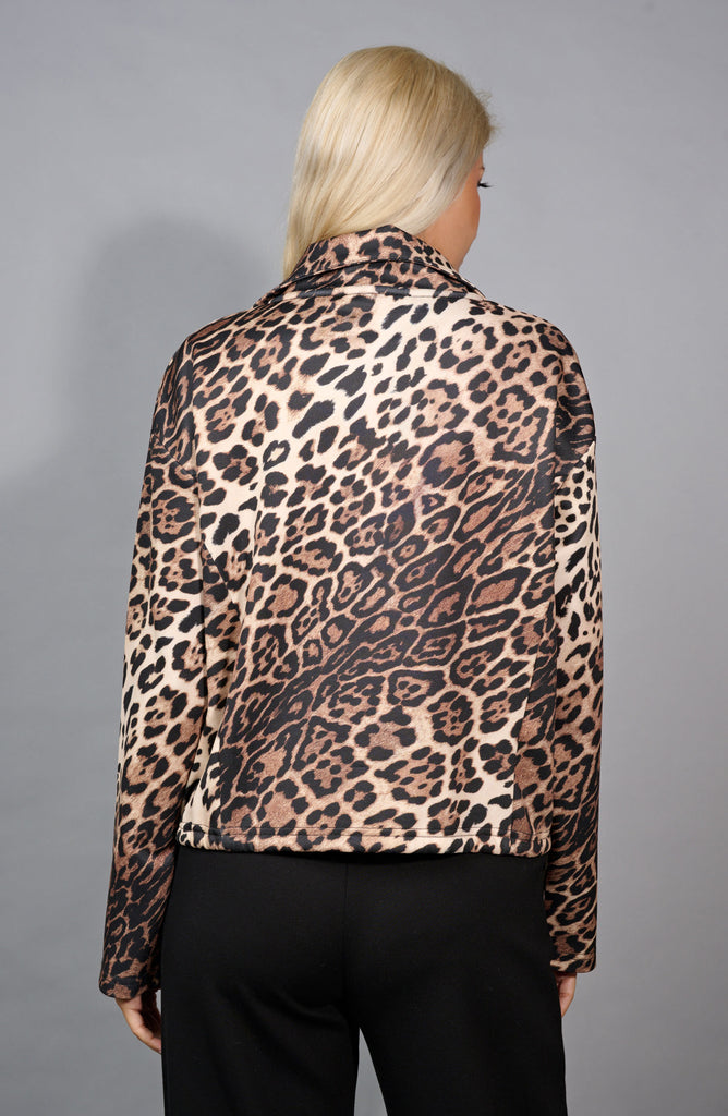 Picadilly Leopard Print Scuba Knit Quarter Zip Pullover with Cinched Hemline - Dijon/Multicolor