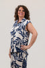 Image of Steven Guy Sleeveless Leaf Print Button Front Top - Beige/Navy