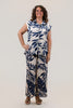 Image of Steven Guy Wide Leg Leaf Print Pull On Pant - Beige/Navy
