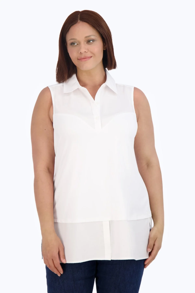 Foxcroft Plus Size Sasha Knit/Woven Sleeveless Layering Tunic - White