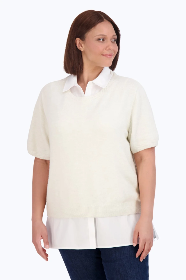 Foxcroft Plus Size Sasha Knit/Woven Sleeveless Layering Tunic - White