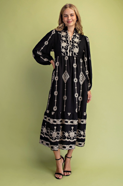 GiGiO Embroidered V-Neck Midi Dress - Black