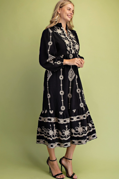 GiGiO Embroidered V-Neck Midi Dress - Black