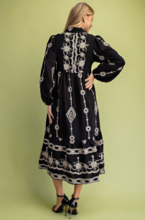 GiGiO Embroidered V-Neck Midi Dress - Black